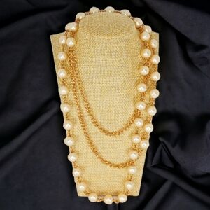 Assymetrical Pearl Gold Chain Rope Necklace Modern Retro Glam Coquette Girl 1980